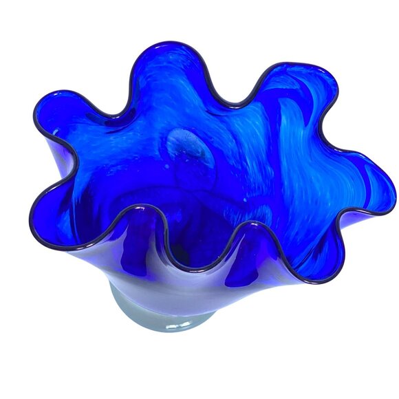 Mduca Cobalt Blue Art Glass Handkerchief Ruffle Edge Hand Blown Vase 10in Tall - Picture 5 of 12